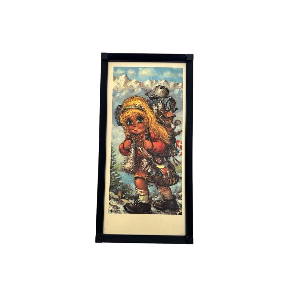 Michel Thomas Vintage Blonde Big Eye Girl Hiking Whimsical Framed Art Print 14x7